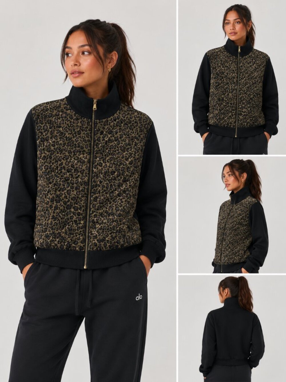 Lauren Ralph Lauren Leopard Print Quilted Velvet Wool Silk Blend Sweater Jacket